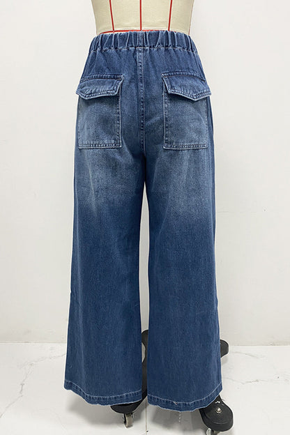 Distressed Draw String Ruched Mid Waist Loose Denim Jeans