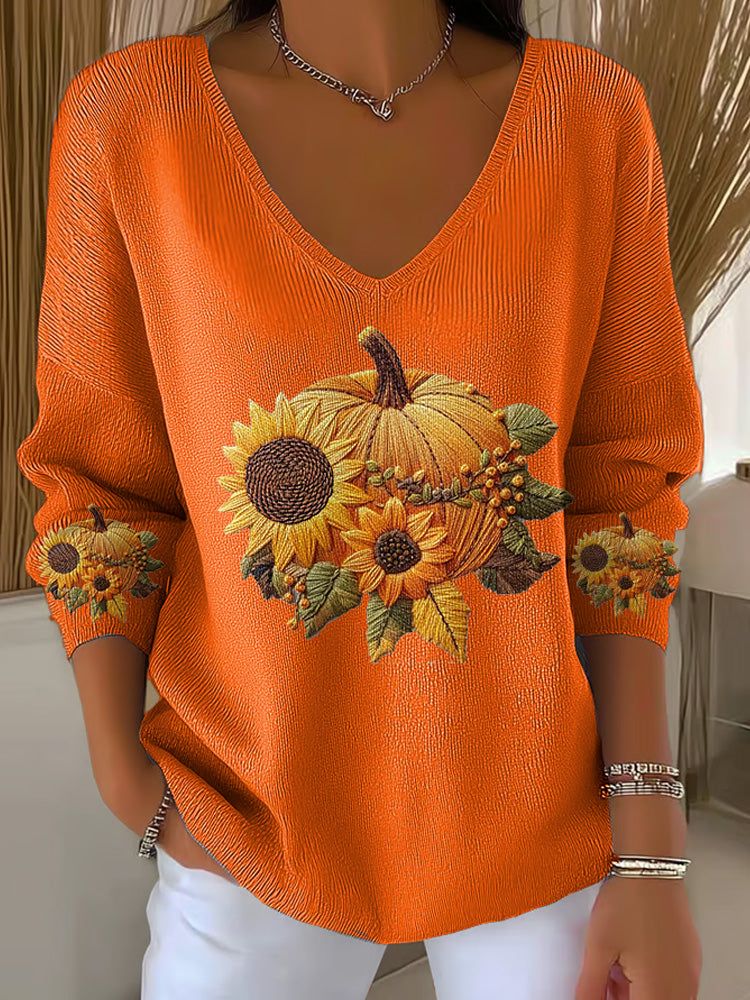Women's Casual Pumpkin Floral Long Sleeve T-shirt artswardrobe