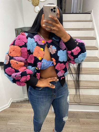 Autumn Winter Retro Three Dimensional Loose Single Breasted Cardigan Short Coat Trend Clip 3d Rose