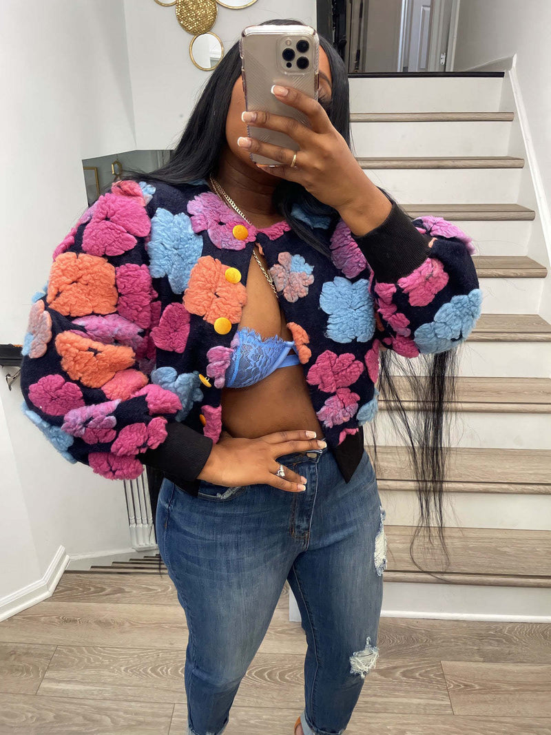 Autumn Winter Retro Three Dimensional Loose Single Breasted Cardigan Short Coat Trend Clip 3d Rose