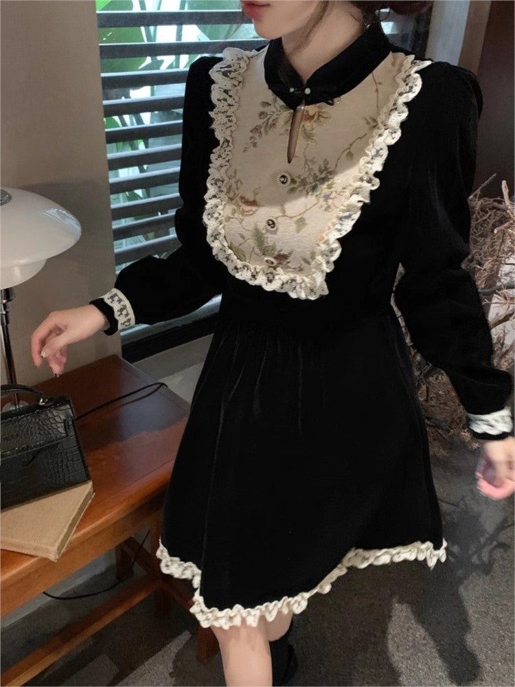 Y2k Patchwork Velvet Mini Dress Long Sleeve Princess Party Dress A-line Autumn Spring French Prom Vestidos New