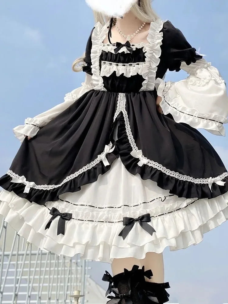 Contrast Color Japanese Dress Ruffled Patchwork High Waist Fairy Robe Y2k Aesthetic Sweet Dresses Vestido De Mujer