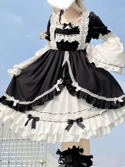 Contrast Color Japanese Dress Ruffled Patchwork High Waist Fairy Robe Y2k Aesthetic Sweet Dresses Vestido De Mujer