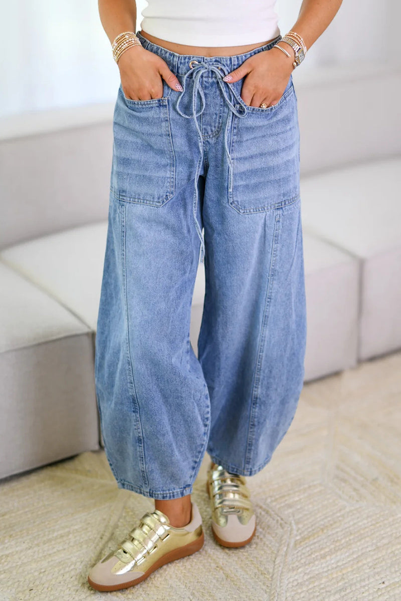 Distressed Pocket Lace Up Mid Waist Loose Denim Jeans