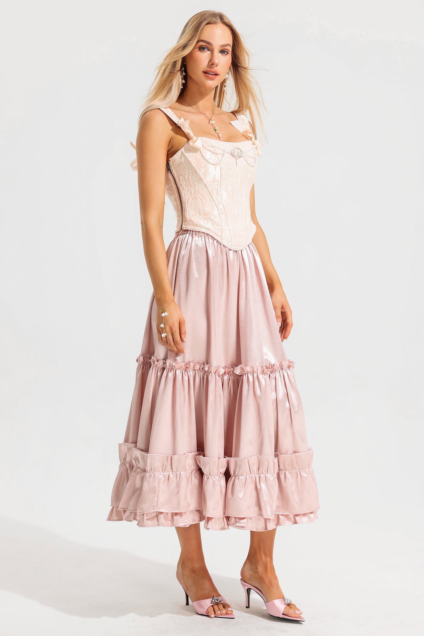 Mid Waist Ruffle Midi Skirt