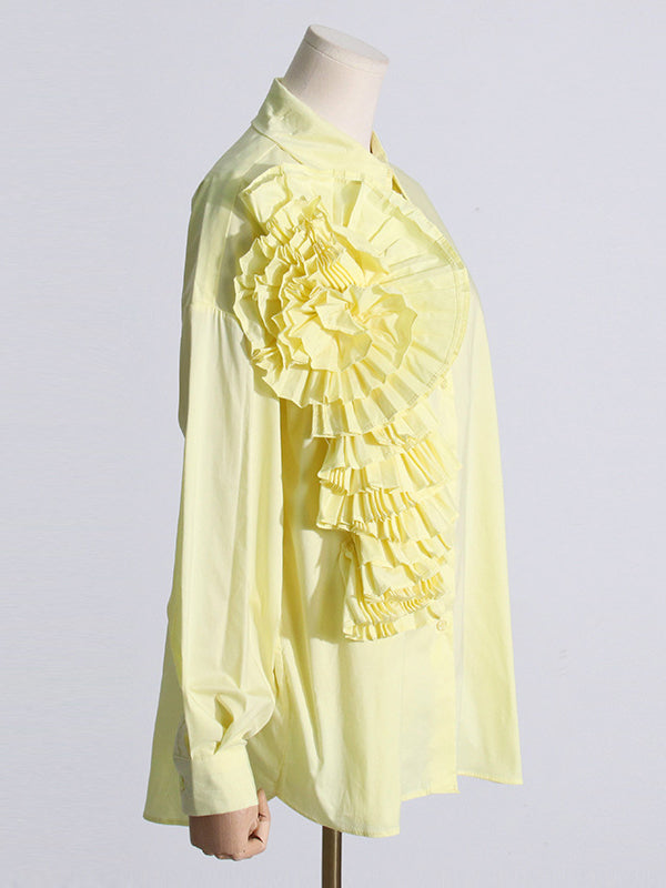 Long Sleeves Loose Asymmetric Buttoned Pleated Color Split-joint Three-dimensional Flower Lapel Blouses&shirts Tops
