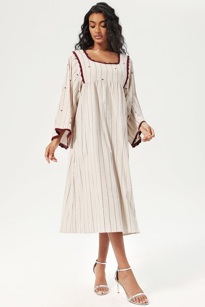 Striped Flared Sleeve Square Collar Knit Midi Dress