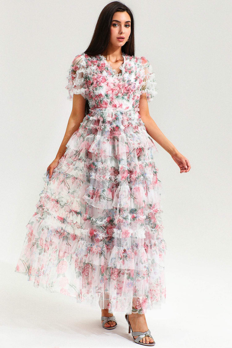 V-neck Short Sleeve Ruffle Tiered Hem Maxi Dress