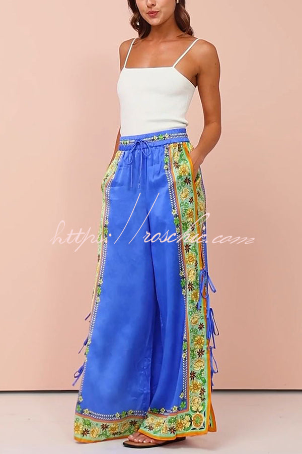 Nara Satin Unique Print Side Lace-up Tank and Elastic Waist Pocketed Wide Leg Pants Set