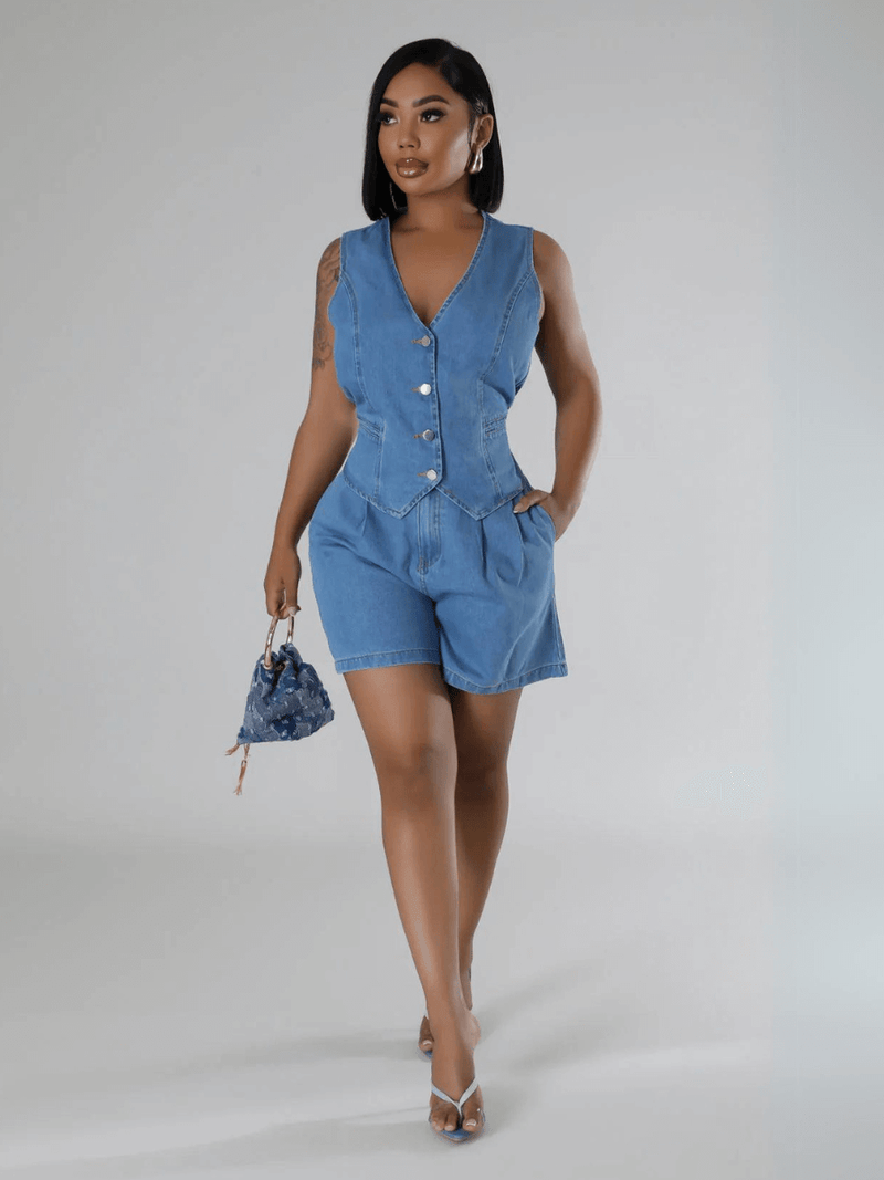 Andi Tuxedo Denim Vest Shorts Matching Set