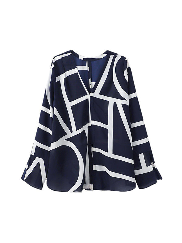 Flared Sleeves Long Sleeves Printed V-neck Blouses&shirts Tops