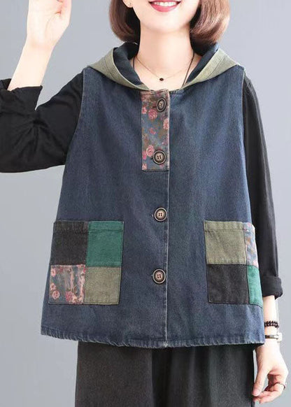 Blue Print Pockets Patchwork Denim Hoodies Vest Fall