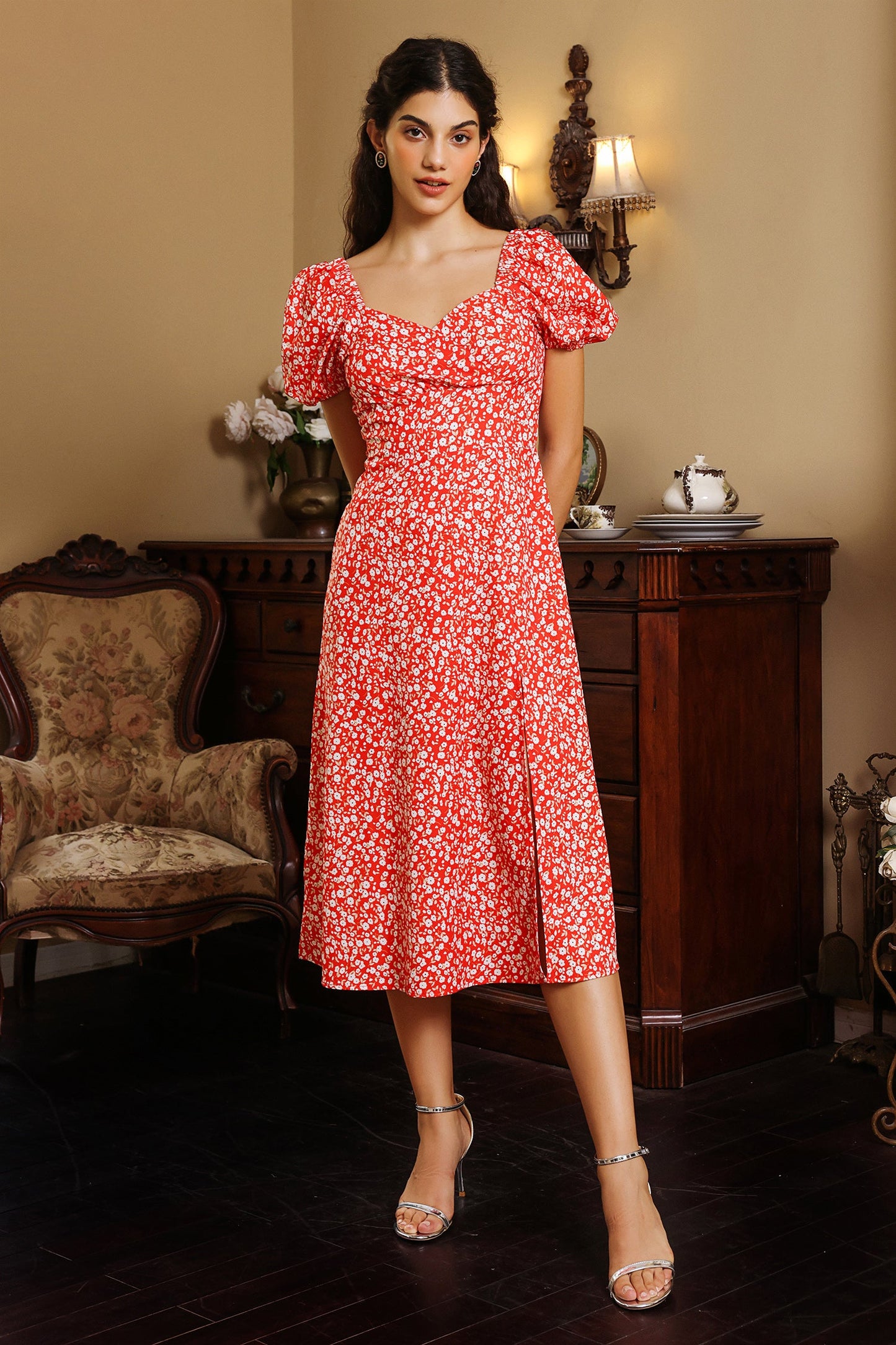 Puff Sleeve Slit Midi Dress Red