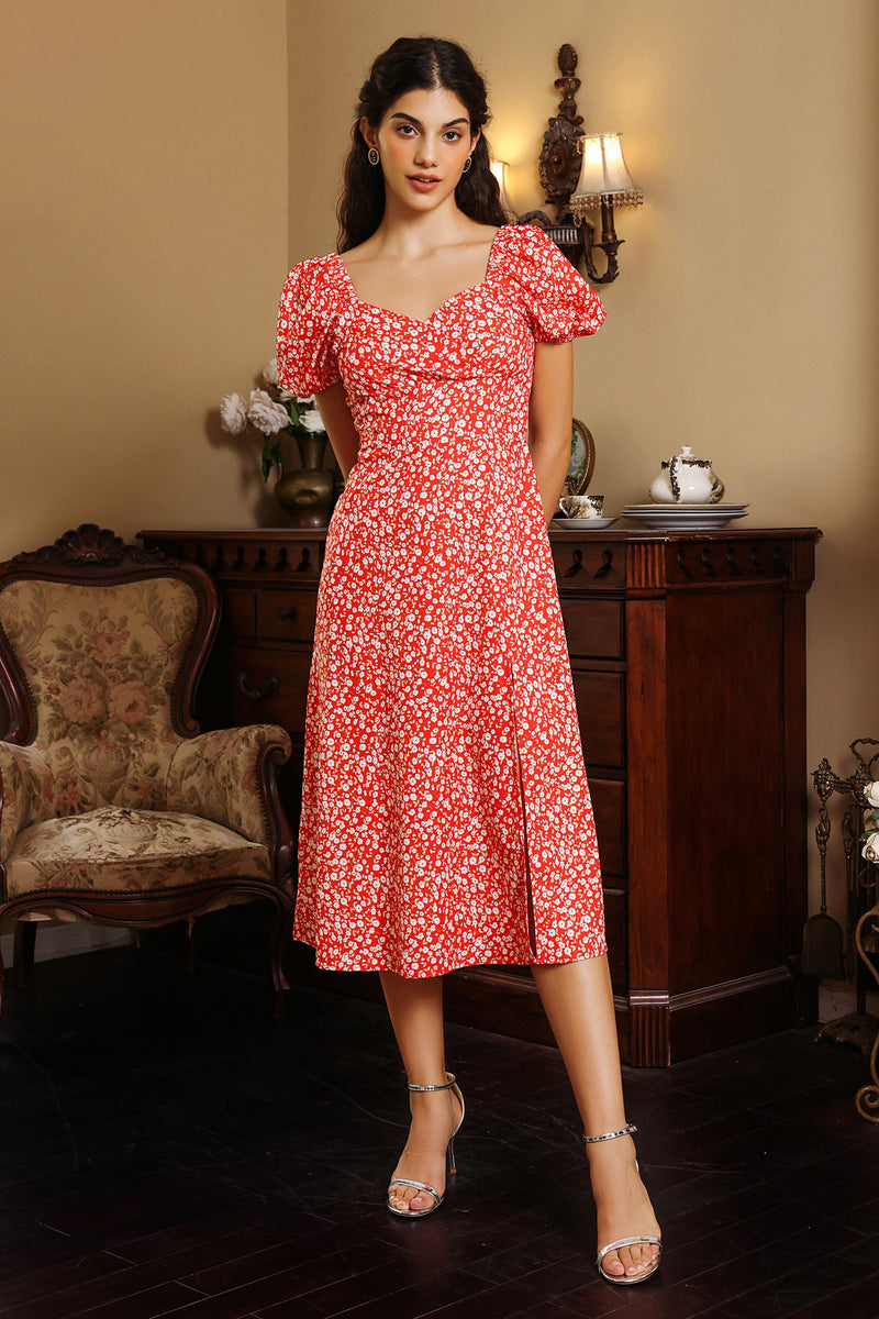 Puff Sleeve Slit Midi Dress Red