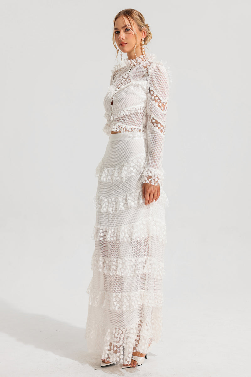 Embroidered Ball Sleeve Top ?embroidered Ruffle Mid Waist Maxi Skirt Set