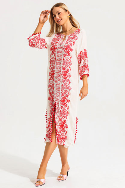 V-neck Embroidered Slip Midi Dress