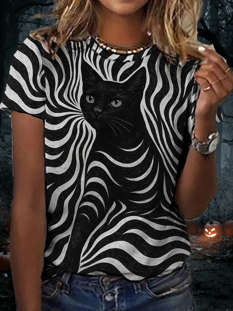 Comstylish Women's Halloween Black Cat Stripes Print Casual Tee