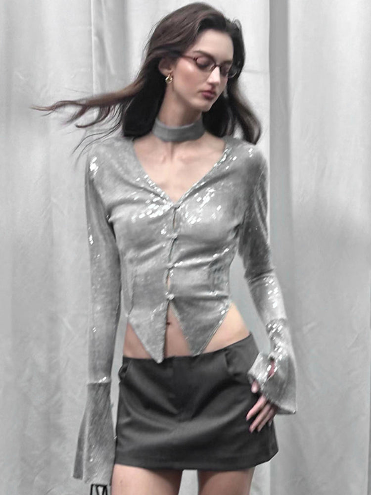 Taruxy Shining Silver Shirts for V Neck Flare Sleeve Tshirt Femme Party Clubwear Cardigan Woman Clothing New