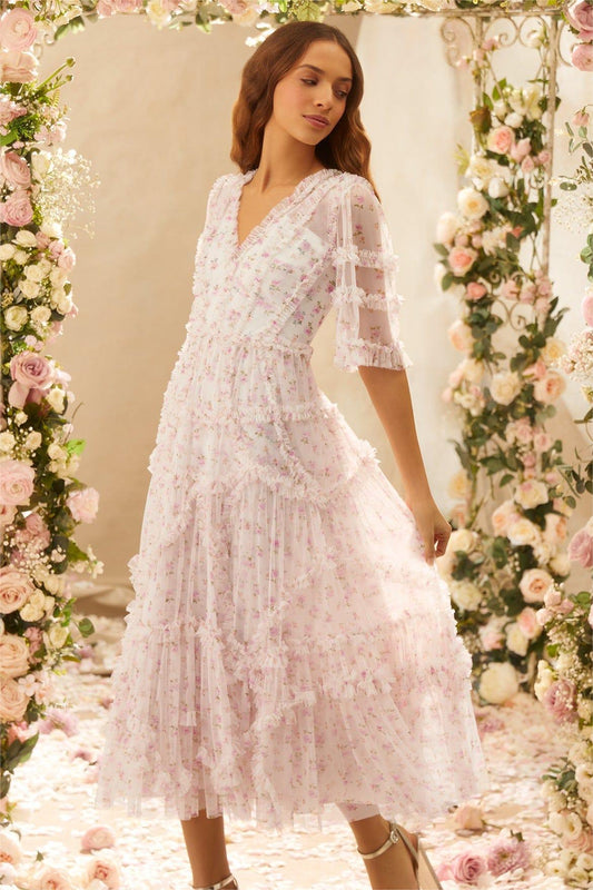 Frill Mid Sleeve V-neck Midi Dress