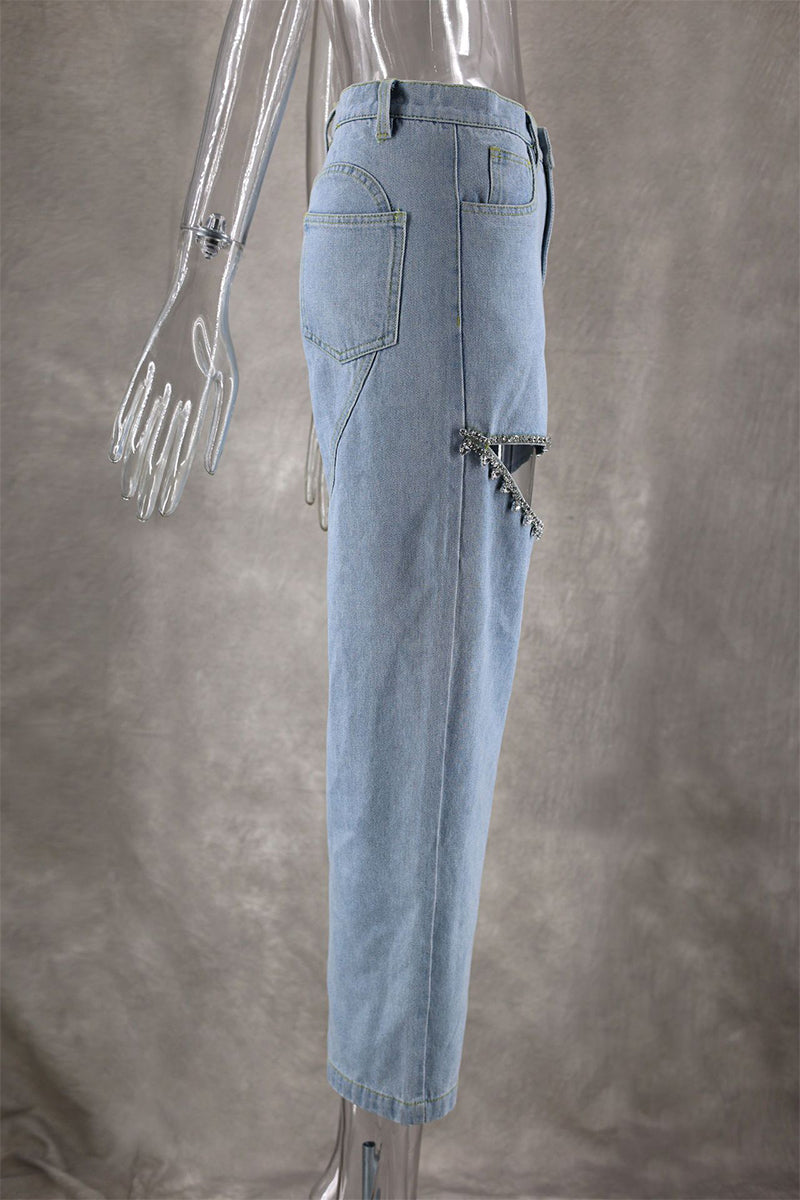 Street Color Rhinestone Decor High Waist Denim Jeans