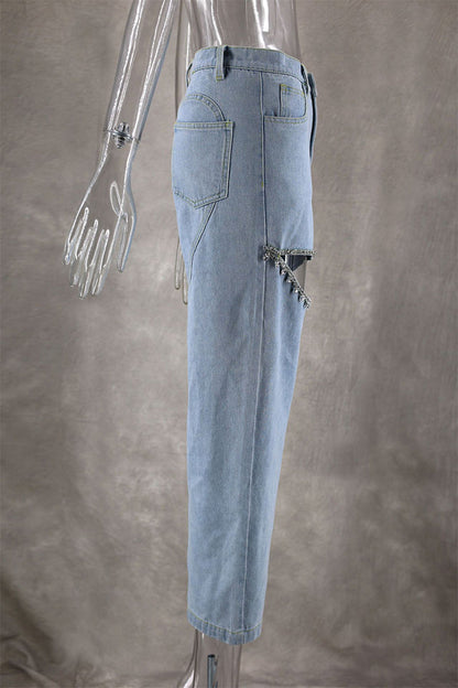 Street Color Rhinestone Decor High Waist Denim Jeans