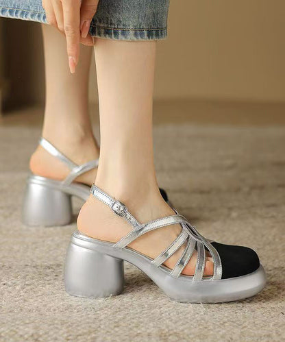 Comfortable Splicing Chunky Sandals Gold Hollow Out Cowhide Leather Kj065