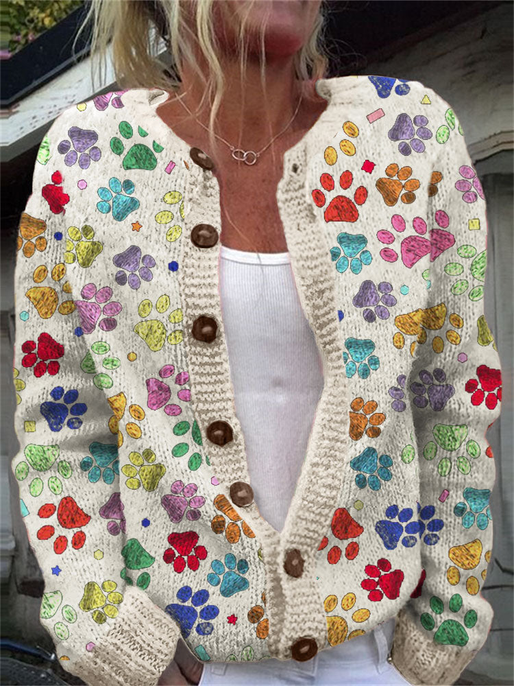 Comstylish Colorful Dog Paw Pattern Cozy Cardigan Sweater