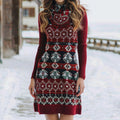 Christmas Geometric Floral Print Knitted Wool Turtleneck Dress artswardrobe