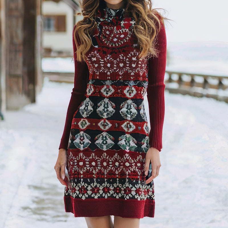 Christmas Geometric Floral Print Knitted Wool Turtleneck Dress artswardrobe