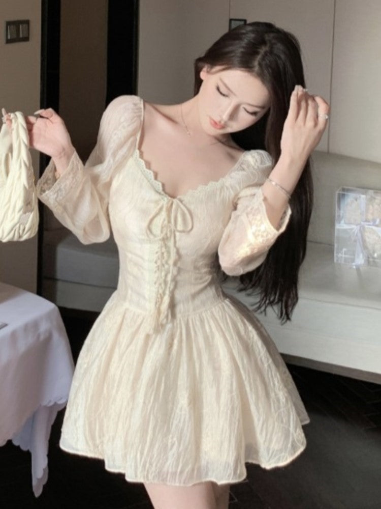 Slim Lace-up Mini Dress Bodycon V-neck Long Sleeve Spring French A-line Kawaii Birthday Party Vestidos Mujers