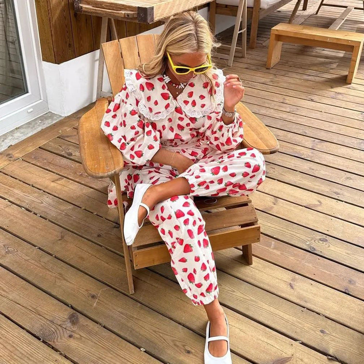 Strawberry Printed Peter Pan Collar Lace Up Loose Top Ankle Banded Pants Spring Wear Suit