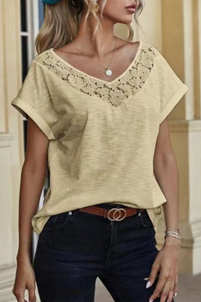Lace Patchwork V Neck T-shirts(3 Colors)