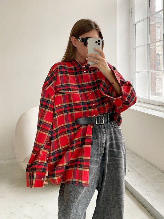 Bright Gingham Shirts for Street Style Shacket Blouses and Tops Single-breasted Autumn