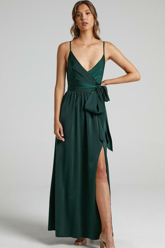 Cami V-neck Wrapover Pleated Lace Up Slit Maxi Dress Green