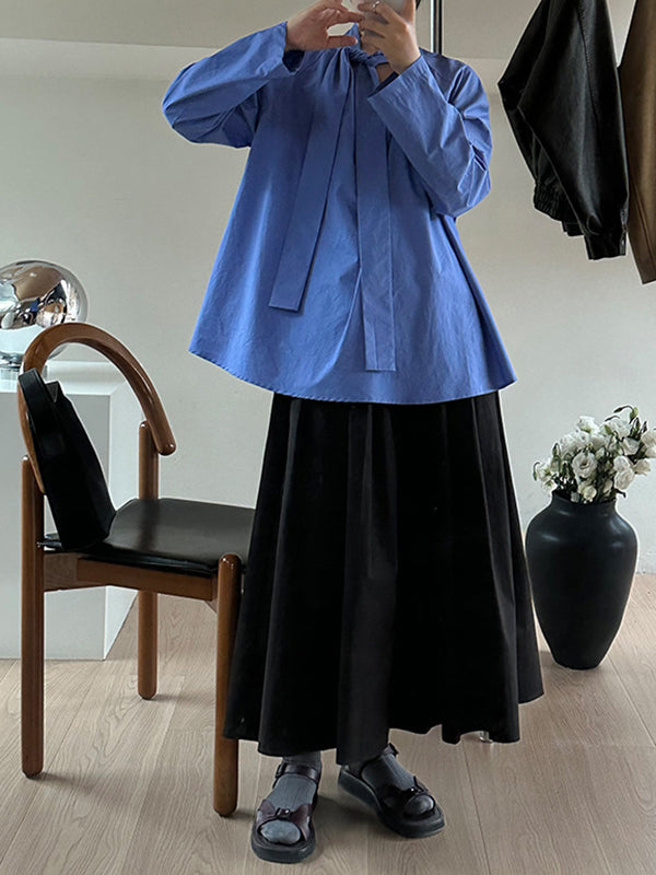 Long Sleeves Loose Color Split-joint Streamer High Neck Blouses