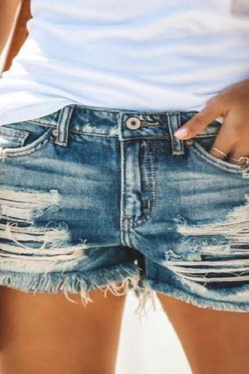 Ripped Mid Waist Straight Denim Shorts
