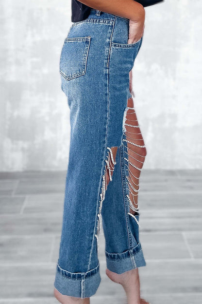Street Ripped Chains Loose Denim Jeans