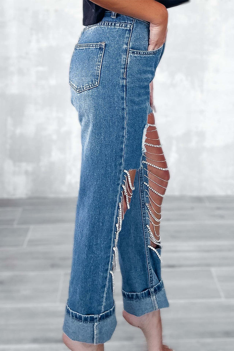 Street Ripped Chains Loose Denim Jeans