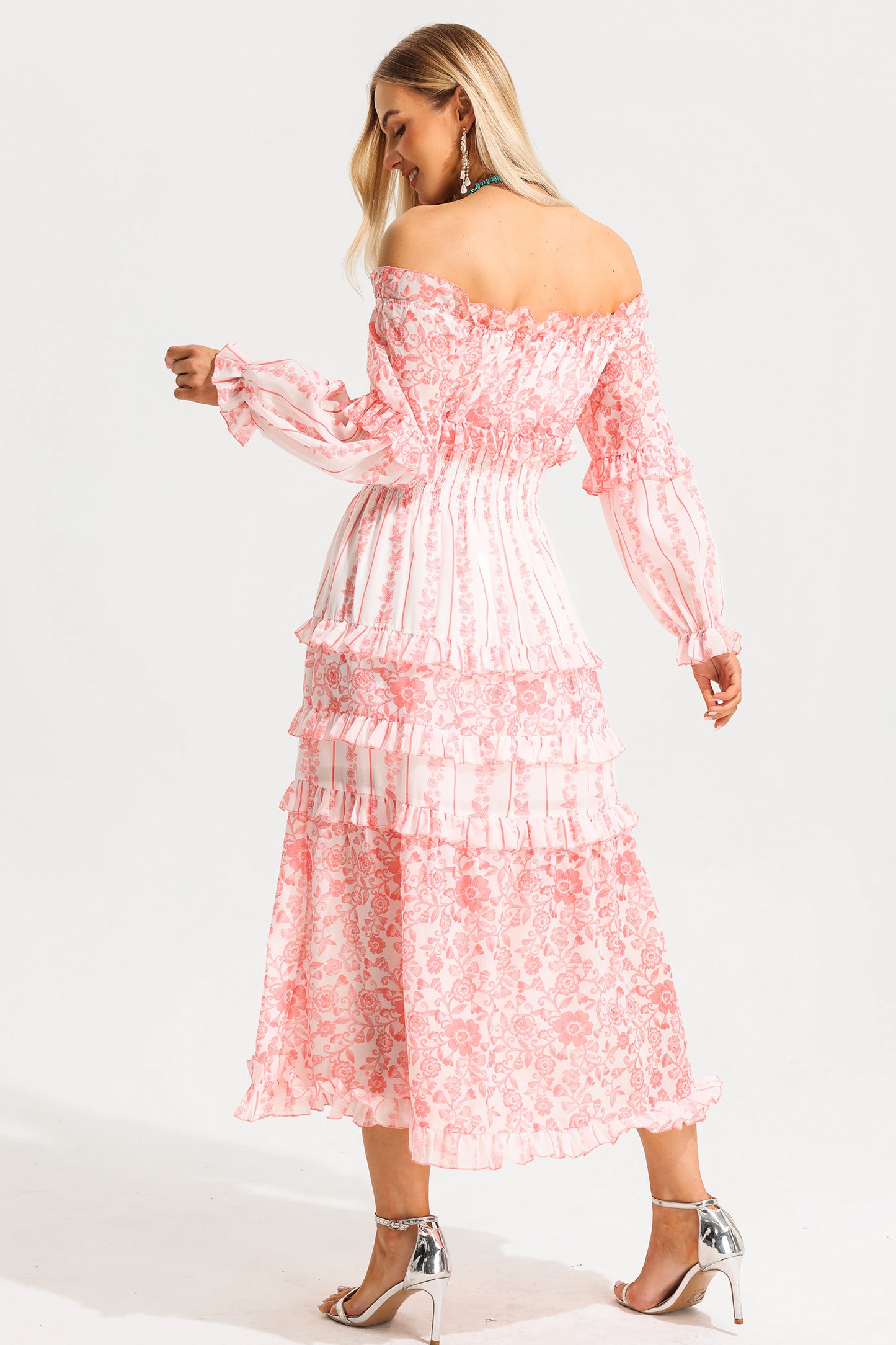 Print Frill Off-shoulder Midi Dress