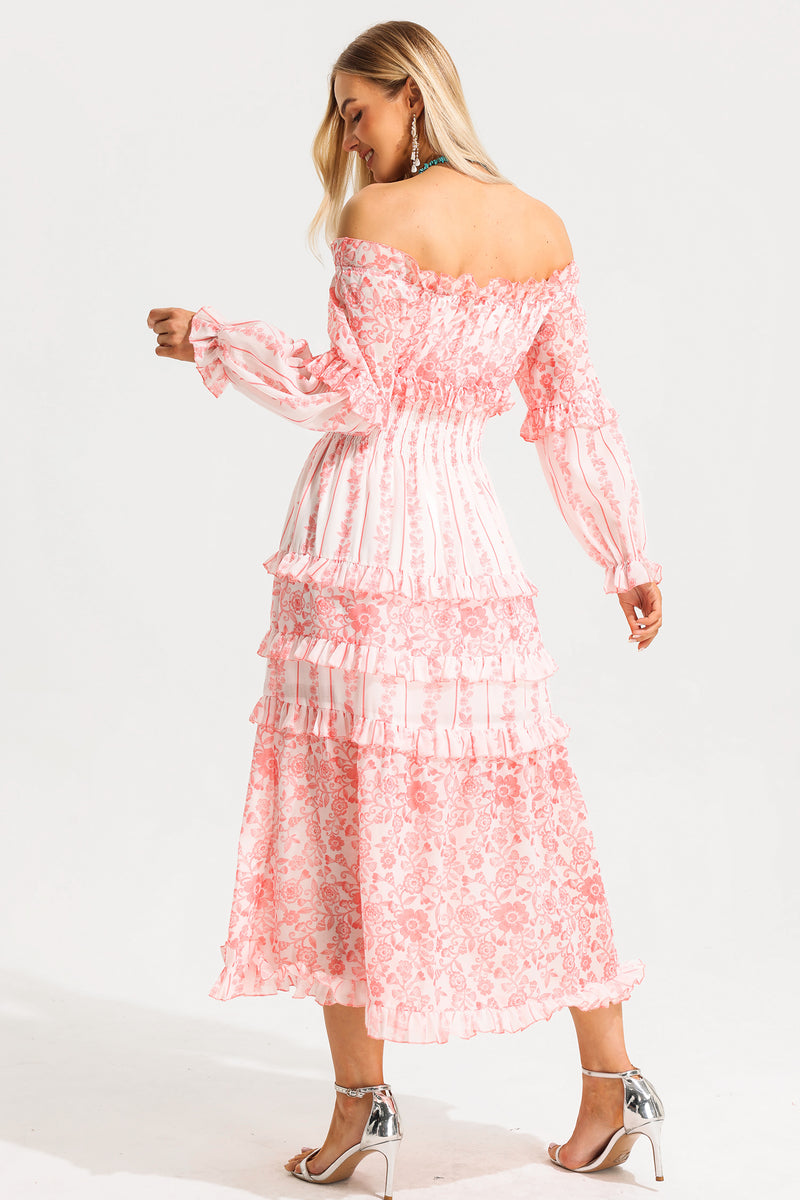Print Frill Off-shoulder Midi Dress