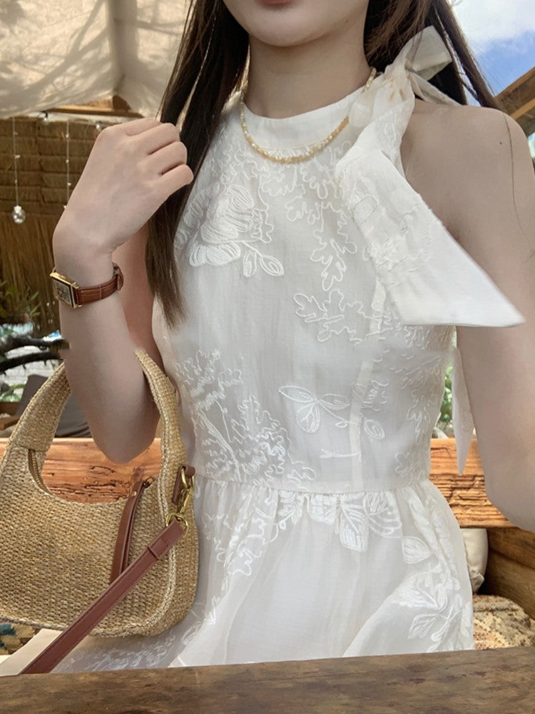Sleeveless Midi Dresses for Summer New Embroidery A-line Korean Vestidos Mujer