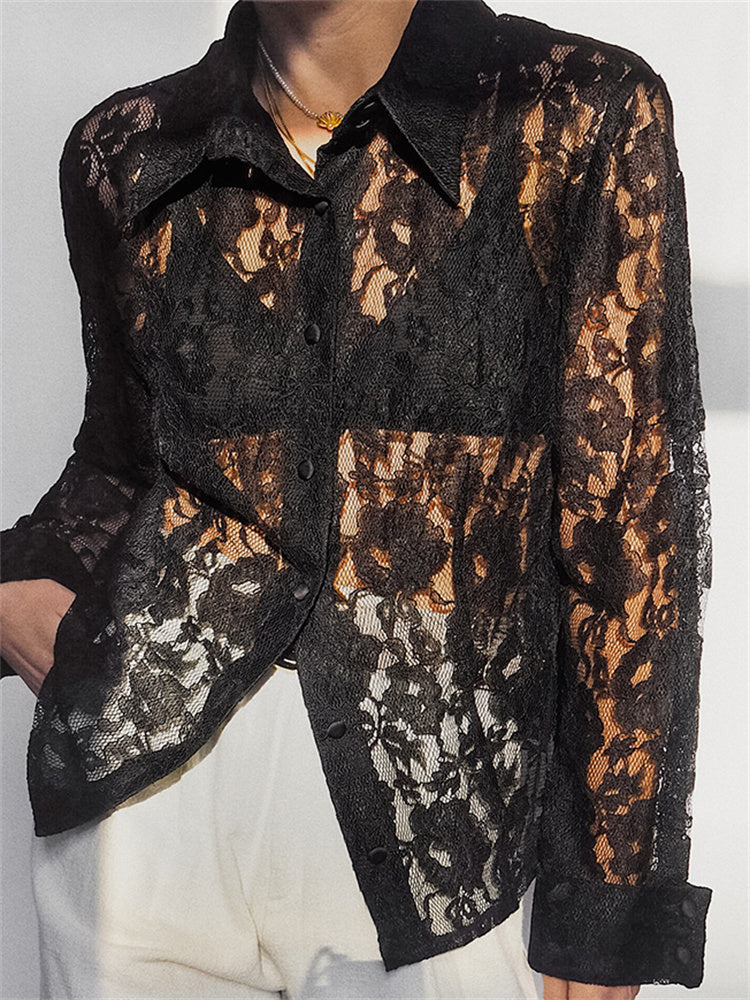 Tossy Lace Printed See-through Shirts for Lapel Hollow Out Long Sleeve Patchwork Cardigan ’s Loose Shirts Summer