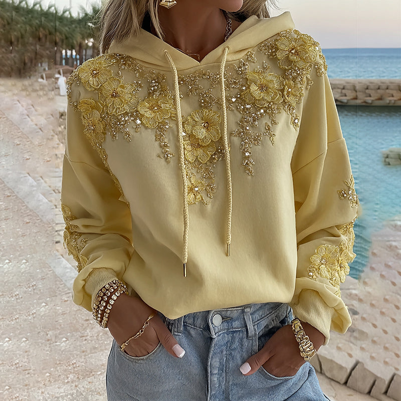Comstylish Women's Bohemian Yellow Floral And Gold Roses Embroidery Art Long Sleeve Hoodie