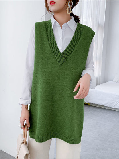 Sleeveless Split-side Color V-neck Knitted Vest