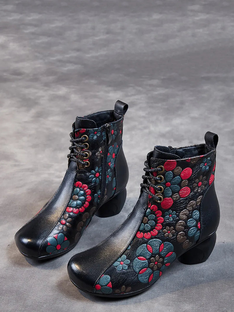 Retro Leather Flower Print Chunky Heel Boots