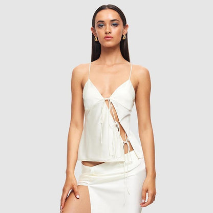 Cutenova Female Satin Tie Up Hollow Out Crop Top for Summer Spaghetti Strap Backless Slim Party Tank Tops Y2k Vest 20