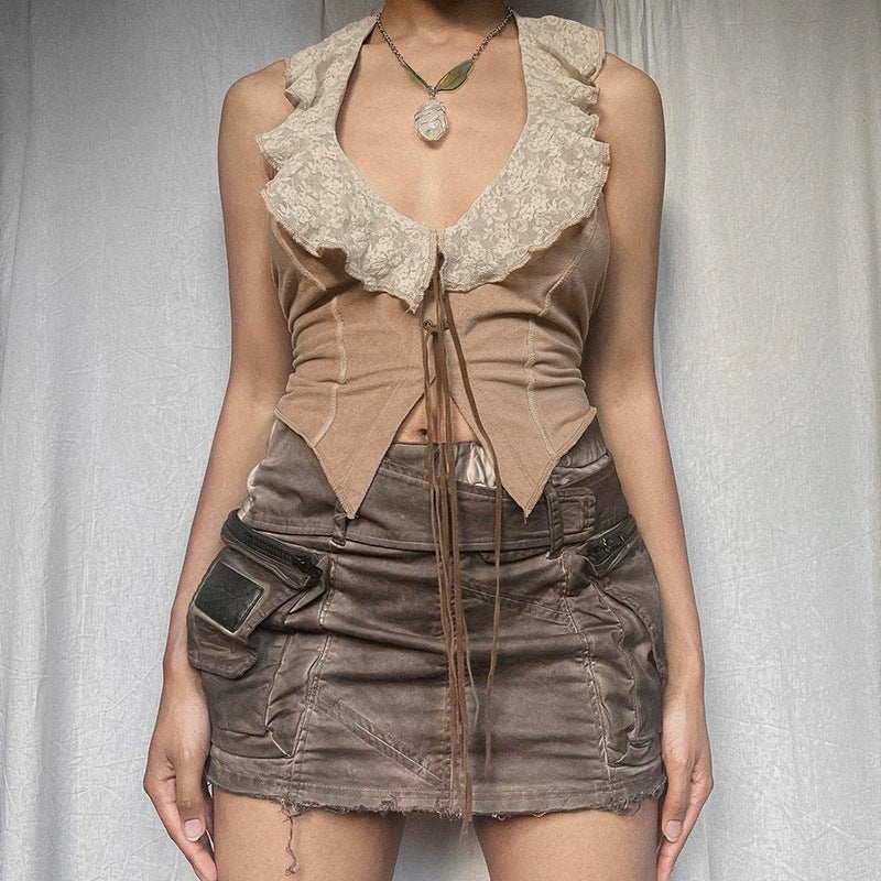 Retro Lace Lace Collar Halter Lace Up Irregular Asymmetric Hem Cardigan Slim Fit Vest Clothing