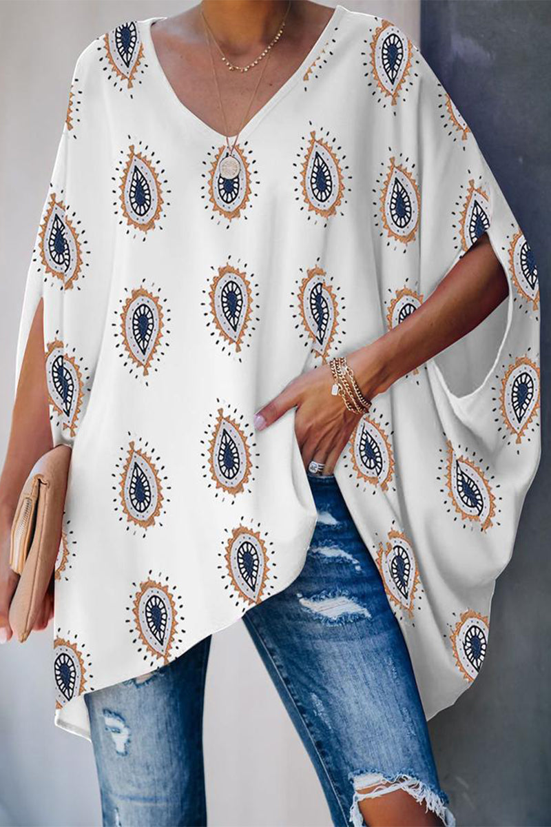 Street Print Contrast V Neck T-shirts(3 Colors)