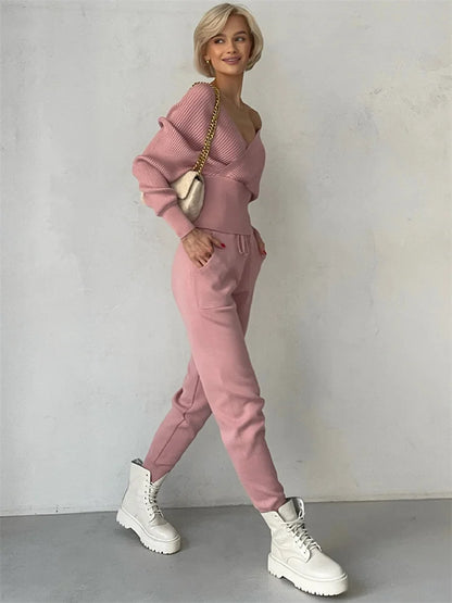 Tossy Knit V-neck Pullover 2 Piece-set for Patchwork Sweater and High Waist Drawstring ’s Pants Sets Outfits