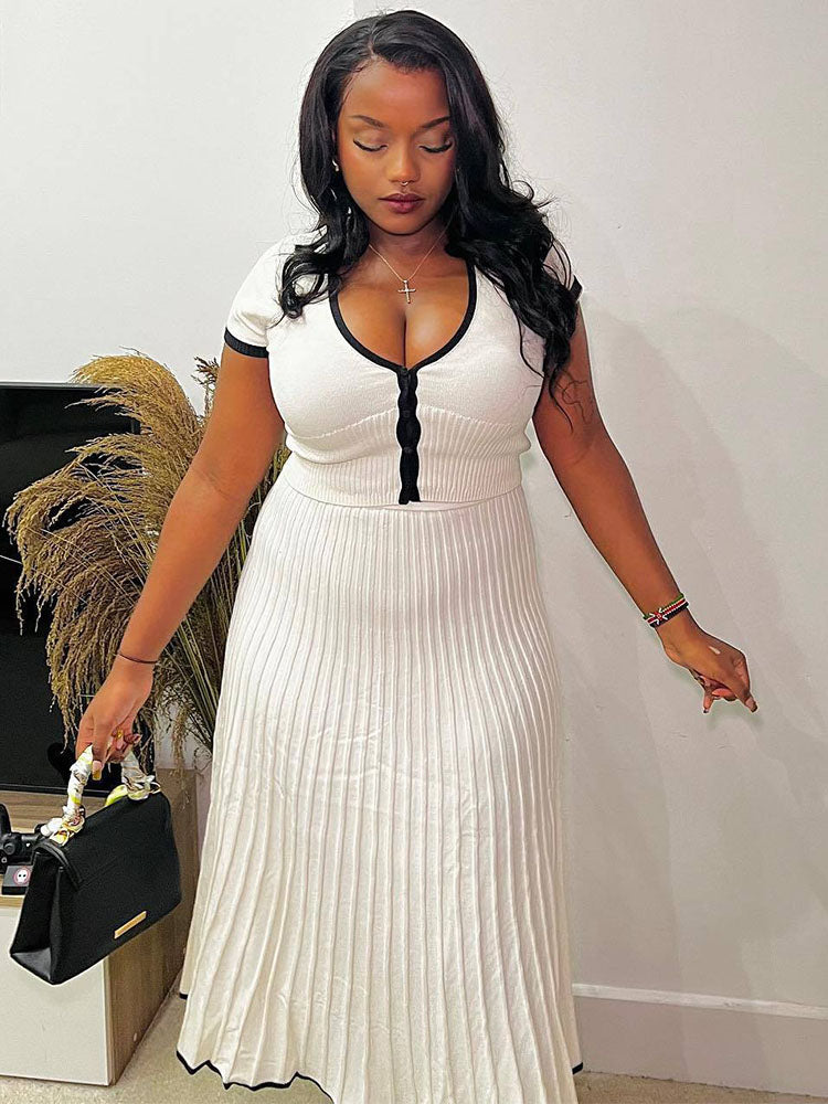 Taruxy Ruffle Knitted Skirt Sets Summer Deep V Neck Crop Tops Female Holiday Dress Sets 2 Piece Outfits New